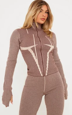 PrettyLittleThing Knitted Two Piece Sets*Two Tone High Neck Zip Up Knit Cardigan