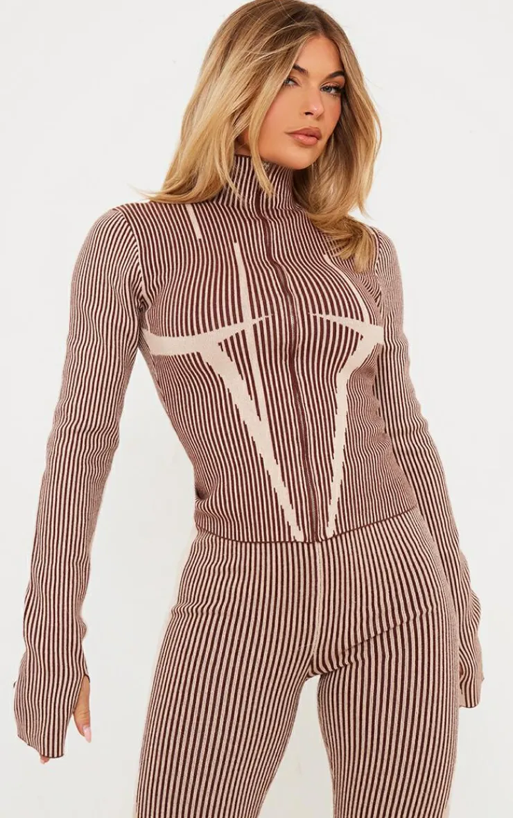 PrettyLittleThing Knitted Two Piece Sets*Two Tone High Neck Zip Up Knit Cardigan