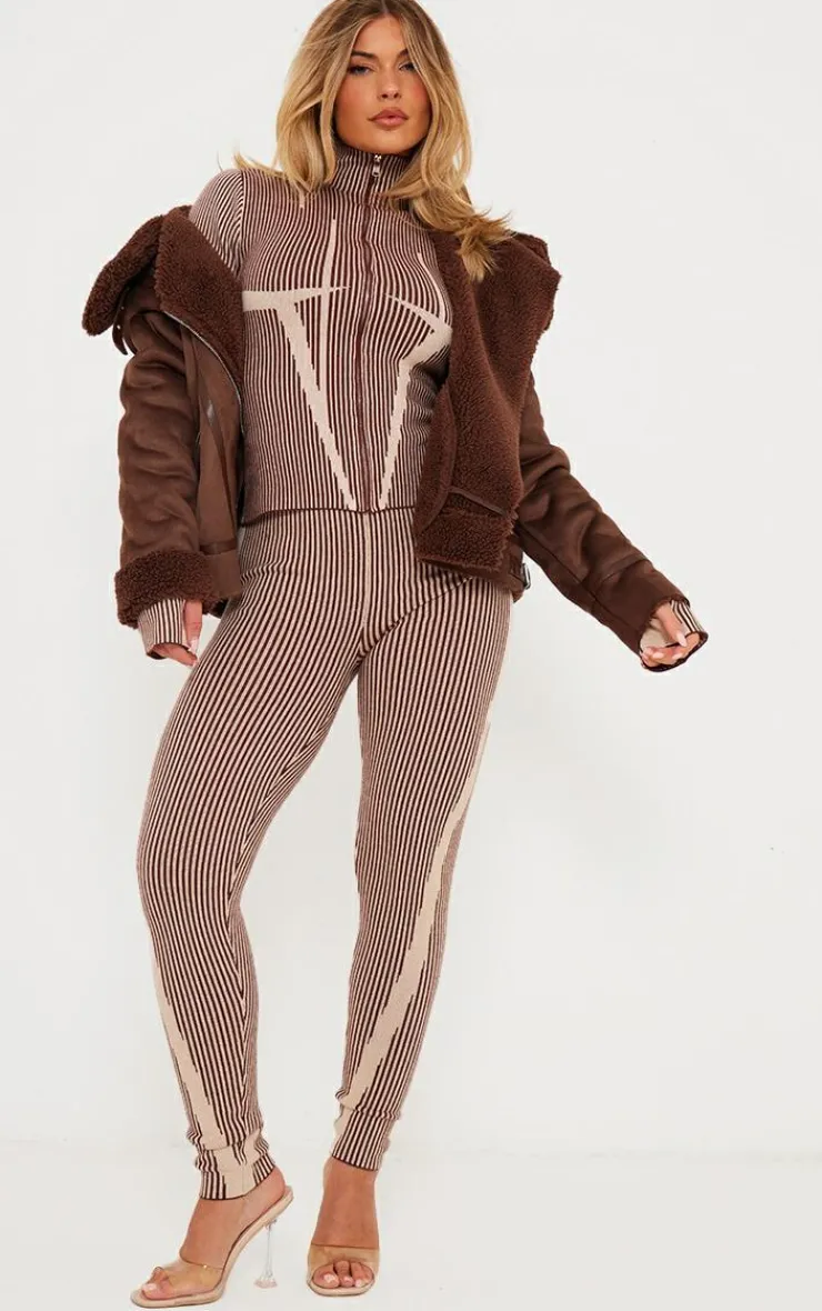 PrettyLittleThing Knitted Two Piece Sets*Two Tone High Neck Zip Up Knit Cardigan
