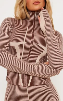 PrettyLittleThing Knitted Two Piece Sets*Two Tone High Neck Zip Up Knit Cardigan