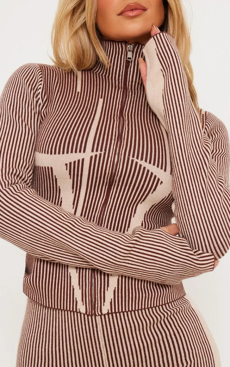 PrettyLittleThing Knitted Two Piece Sets*Two Tone High Neck Zip Up Knit Cardigan