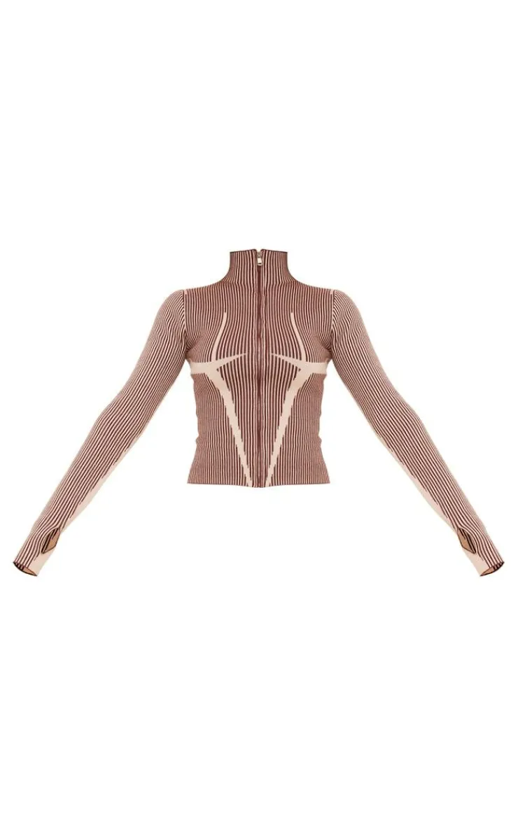PrettyLittleThing Knitted Two Piece Sets*Two Tone High Neck Zip Up Knit Cardigan