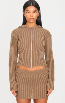 PrettyLittleThing Cardigans*Chocolate Two Tone Knitted Zip Up Cardigan