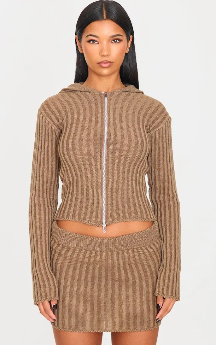 PrettyLittleThing Cardigans*Chocolate Two Tone Knitted Zip Up Cardigan