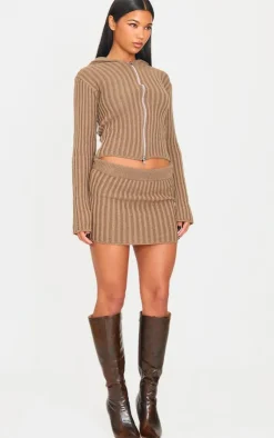 PrettyLittleThing Cardigans*Chocolate Two Tone Knitted Zip Up Cardigan