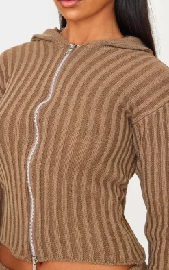 PrettyLittleThing Cardigans*Chocolate Two Tone Knitted Zip Up Cardigan