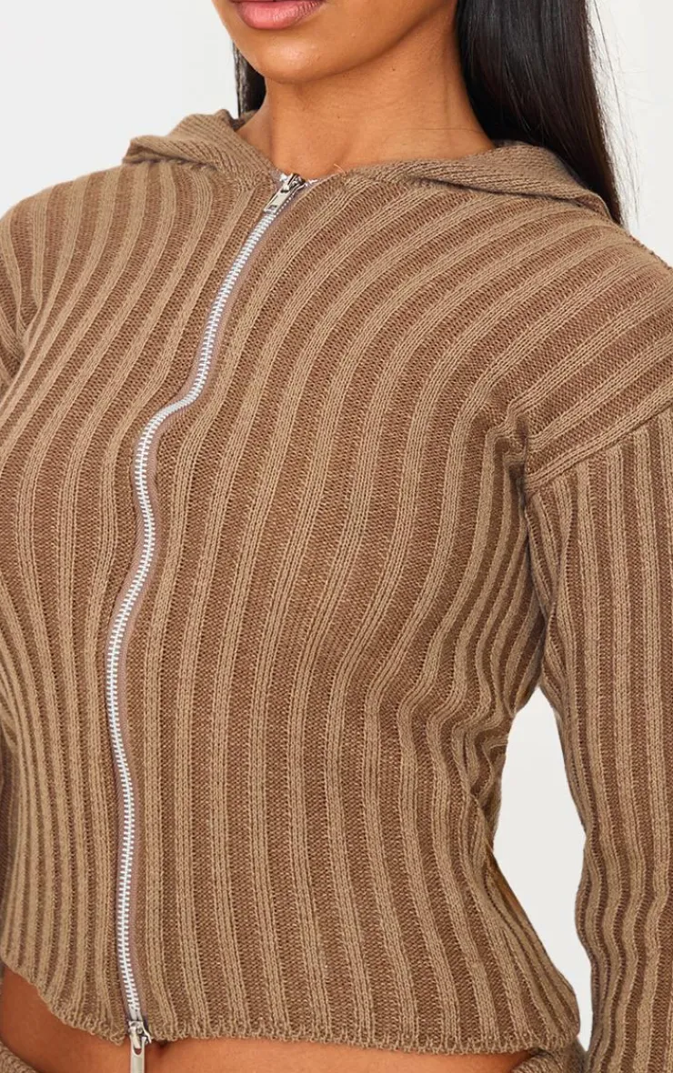 PrettyLittleThing Cardigans*Chocolate Two Tone Knitted Zip Up Cardigan