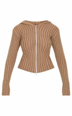 PrettyLittleThing Cardigans*Chocolate Two Tone Knitted Zip Up Cardigan