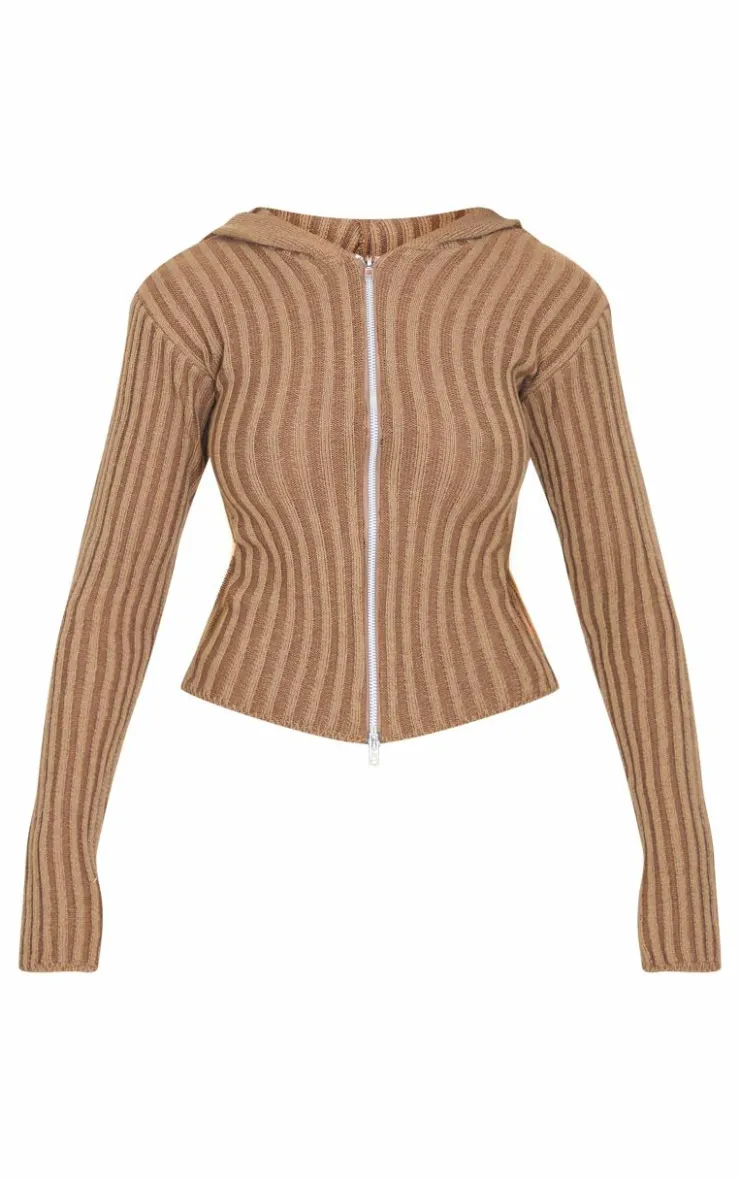 PrettyLittleThing Cardigans*Chocolate Two Tone Knitted Zip Up Cardigan