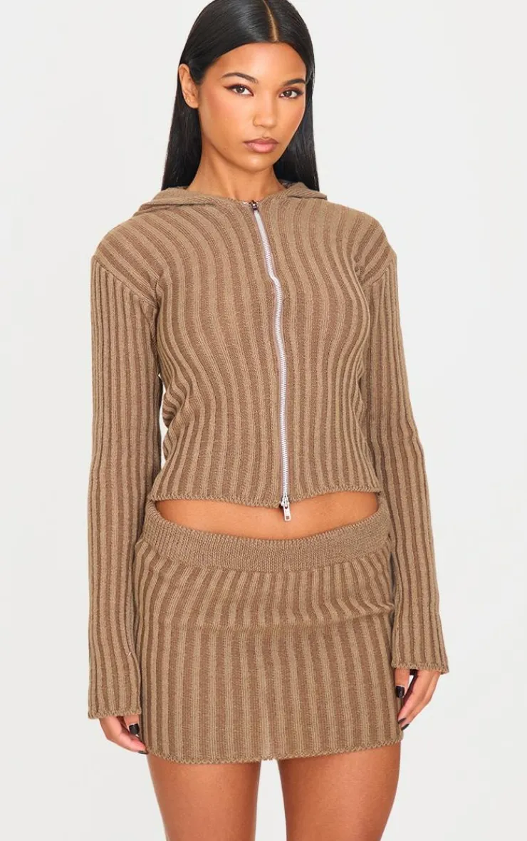 Sale PrettyLittleThing Chocolate Two Tone Knitted Mini Skirt Chocolate.