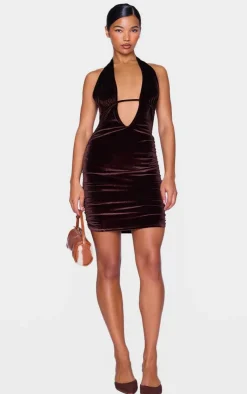 Chocolate Velvet Low Scoop Halter Neck Mini Dress-PrettyLittleThing