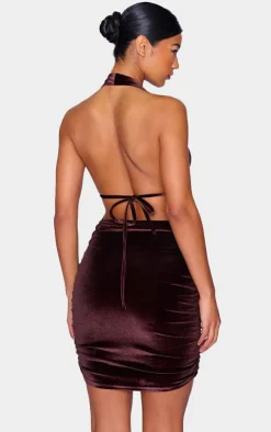 Chocolate Velvet Low Scoop Halter Neck Mini Dress-PrettyLittleThing