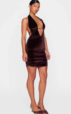 Chocolate Velvet Low Scoop Halter Neck Mini Dress-PrettyLittleThing