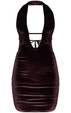 Chocolate Velvet Low Scoop Halter Neck Mini Dress-PrettyLittleThing