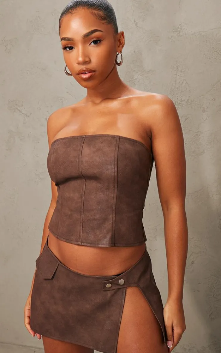 Sale PrettyLittleThing Chocolate Washed Faux Leather Button Front Micro Mini Skirt Chocolate.