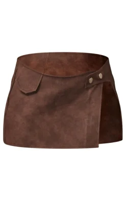 Sale PrettyLittleThing Chocolate Washed Faux Leather Button Front Micro Mini Skirt Chocolate.