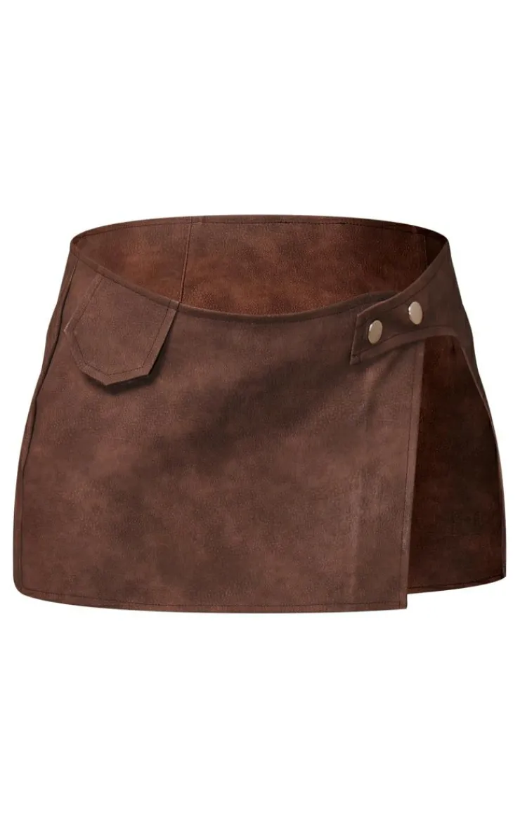 Sale PrettyLittleThing Chocolate Washed Faux Leather Button Front Micro Mini Skirt Chocolate.