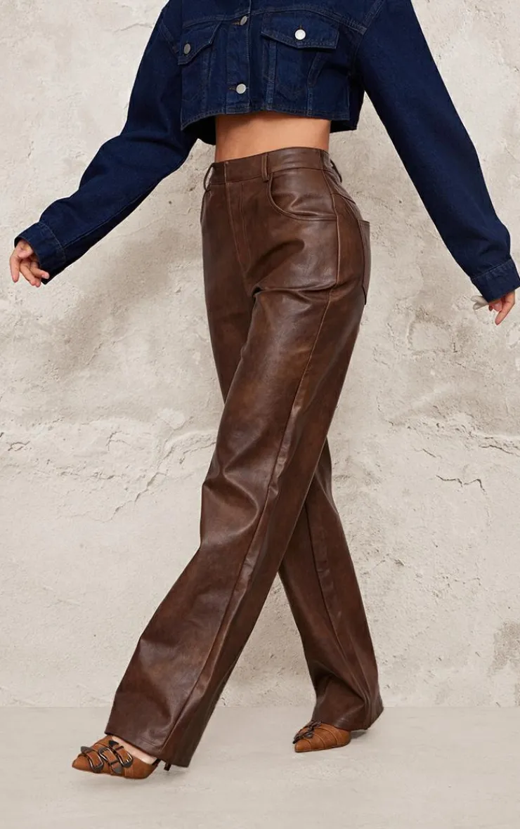 Washed Faux Leather Straight Leg Pants-PrettyLittleThing Clearance
