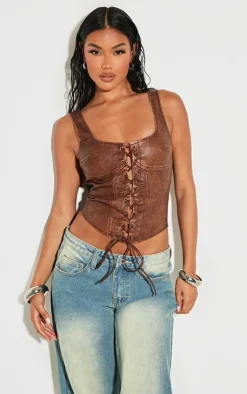 PrettyLittleThing Corsets*Washed Faux Leather Lace Up Corset
