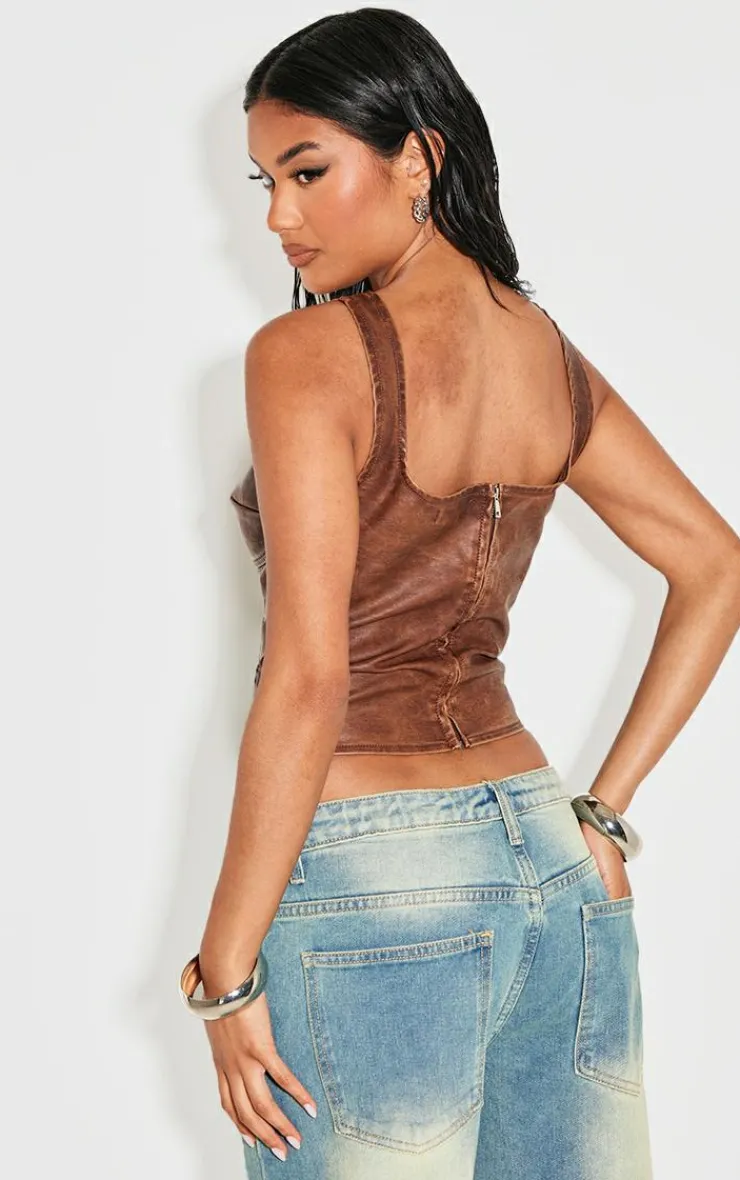 PrettyLittleThing Corsets*Washed Faux Leather Lace Up Corset