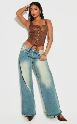 PrettyLittleThing Corsets*Washed Faux Leather Lace Up Corset