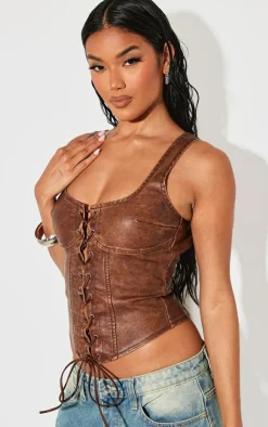 PrettyLittleThing Corsets*Washed Faux Leather Lace Up Corset