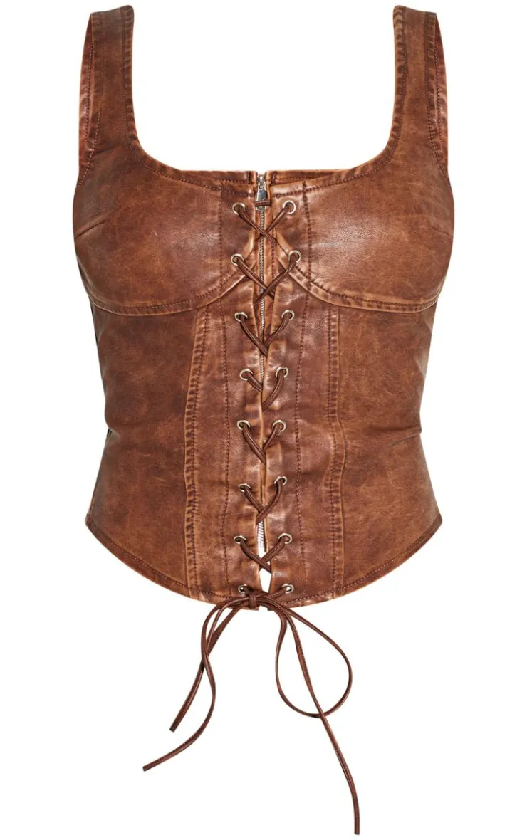 PrettyLittleThing Corsets*Washed Faux Leather Lace Up Corset