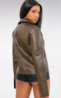 PrettyLittleThing Shirts*Washed Faux Leather Tie Front Shirt