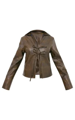 PrettyLittleThing Shirts*Washed Faux Leather Tie Front Shirt