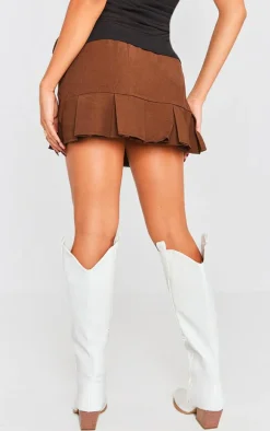 Chocolate Woven Double Buckle Pleated Micro Mini Skirt