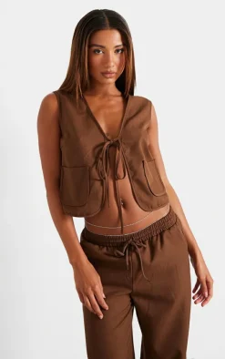 Online PrettyLittleThing Chocolate Woven Tie Front Sleeveless Long Top Chocolate.