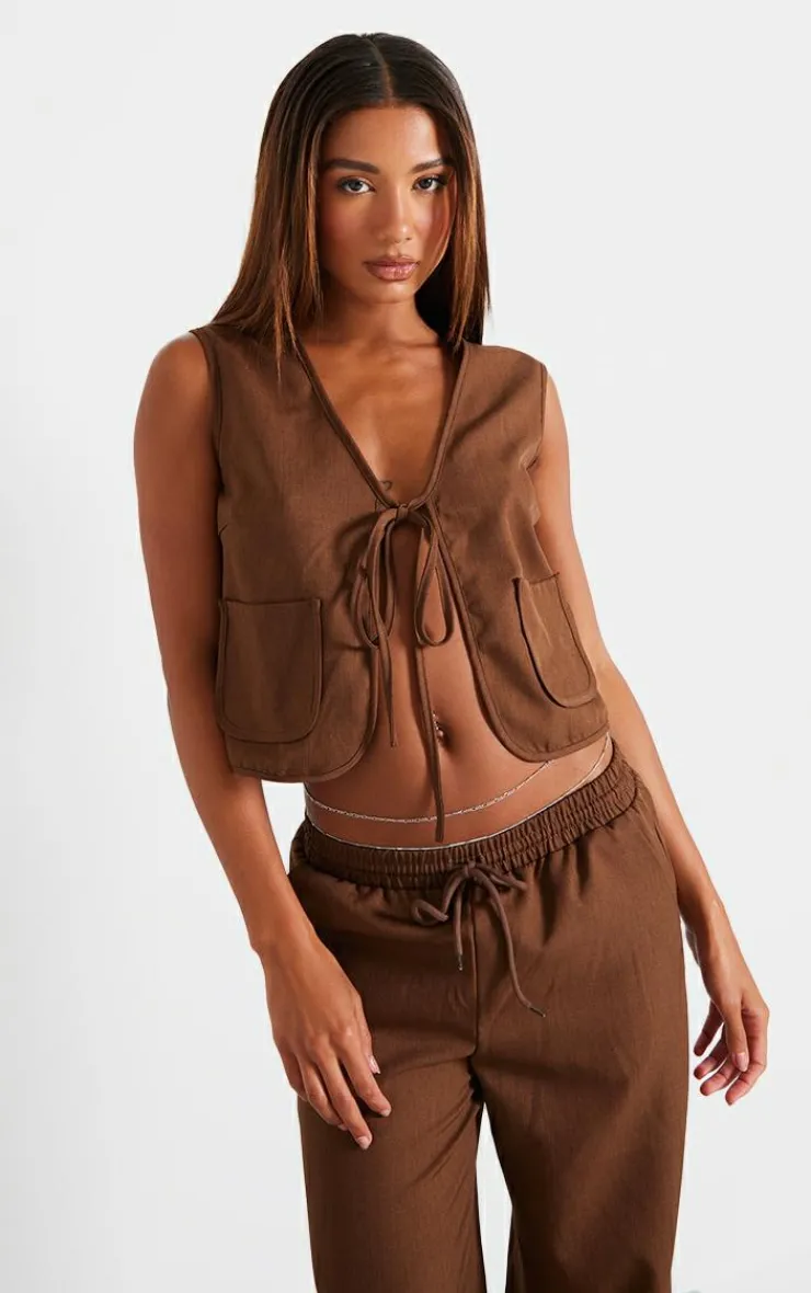Online PrettyLittleThing Chocolate Woven Tie Front Sleeveless Long Top Chocolate.