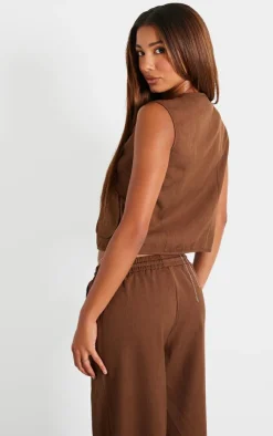 Online PrettyLittleThing Chocolate Woven Tie Front Sleeveless Long Top Chocolate.