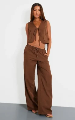 Online PrettyLittleThing Chocolate Woven Tie Front Sleeveless Long Top Chocolate.