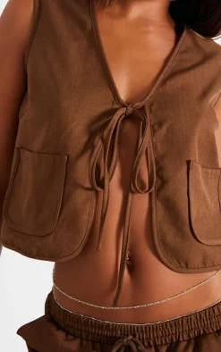 Online PrettyLittleThing Chocolate Woven Tie Front Sleeveless Long Top Chocolate.