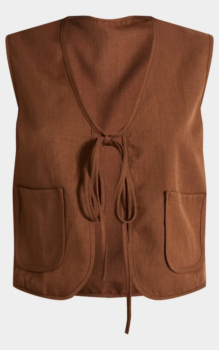 Online PrettyLittleThing Chocolate Woven Tie Front Sleeveless Long Top Chocolate.