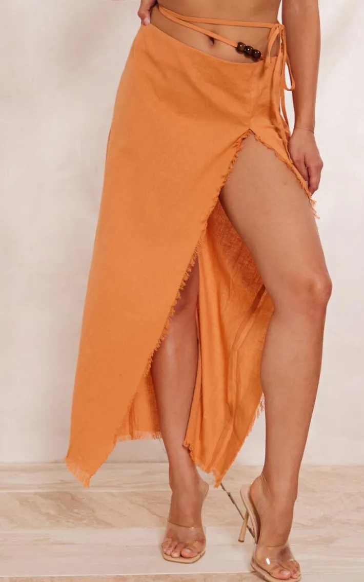Clay Linen Feel Tie Side Bead Details Midi Skirt