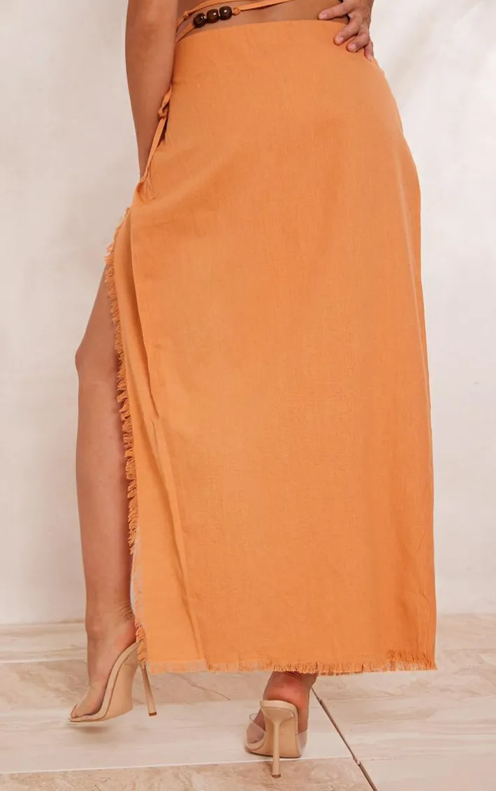 Clay Linen Feel Tie Side Bead Details Midi Skirt