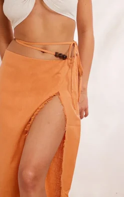 Clay Linen Feel Tie Side Bead Details Midi Skirt