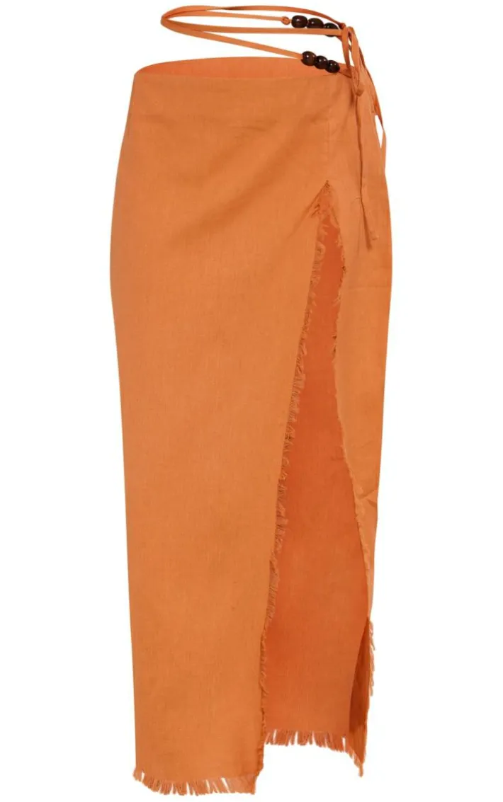 Clay Linen Feel Tie Side Bead Details Midi Skirt