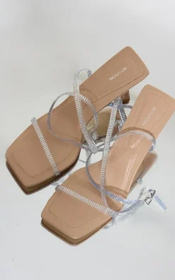 PrettyLittleThing Heeled Sandals*PU Square Toe Diamante Strap Barely There Heeled Sandals