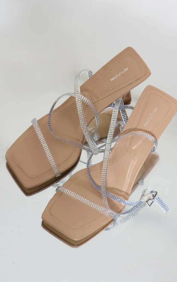 PrettyLittleThing Heeled Sandals*PU Square Toe Diamante Strap Barely There Heeled Sandals