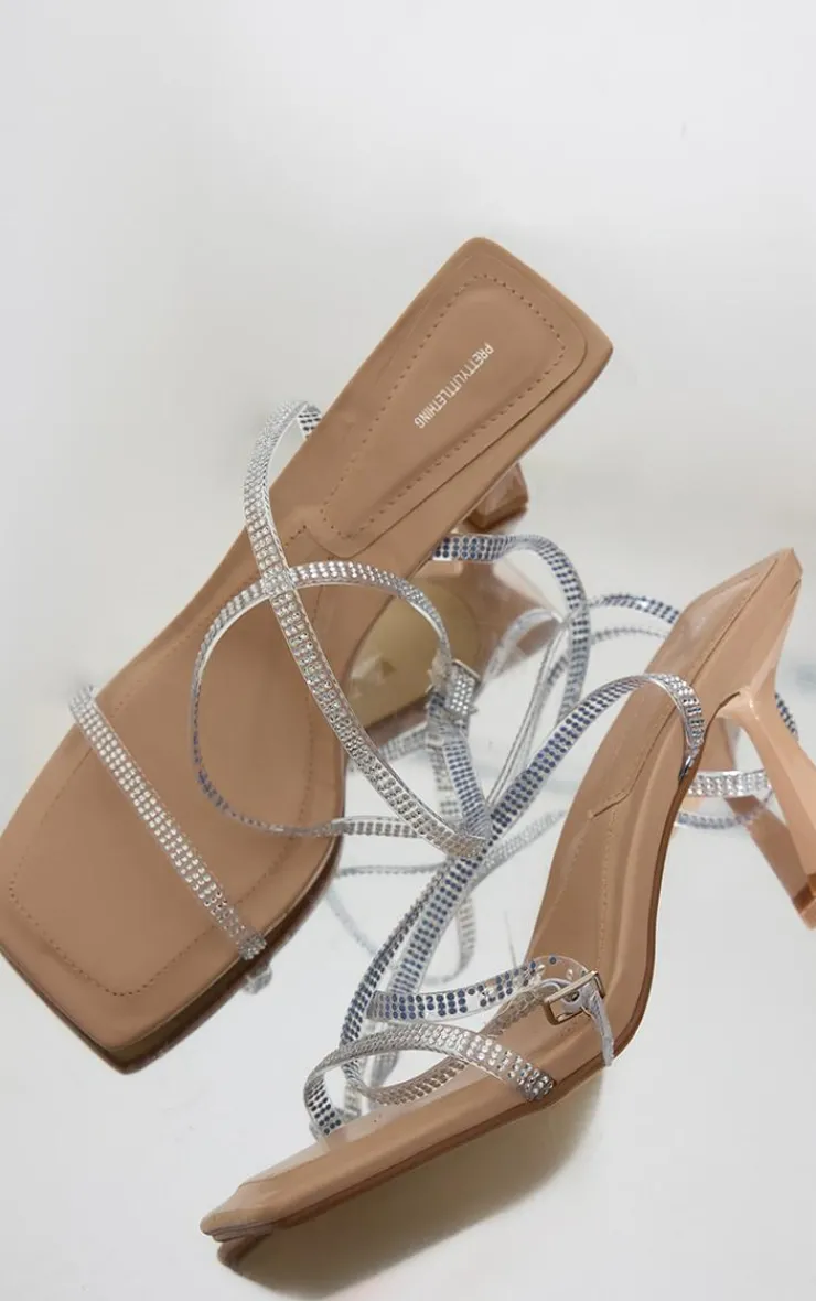 PrettyLittleThing Heeled Sandals*PU Square Toe Diamante Strap Barely There Heeled Sandals