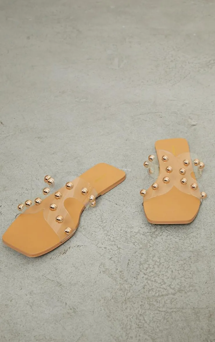 PrettyLittleThing Slides*Square Perspex Bow Studded Strap Slides