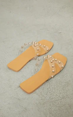 PrettyLittleThing Slides*Square Perspex Bow Studded Strap Slides