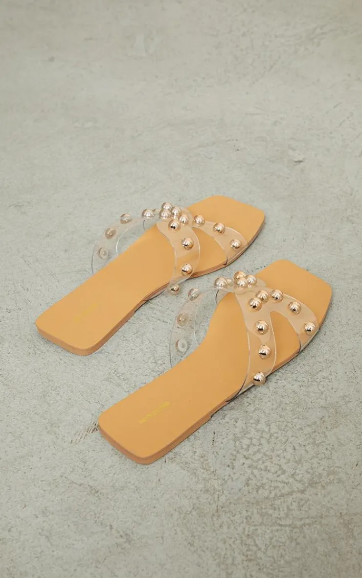 PrettyLittleThing Slides*Square Perspex Bow Studded Strap Slides