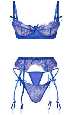 Cobalt Bow Detail Lace 3 Piece Lingerie Set