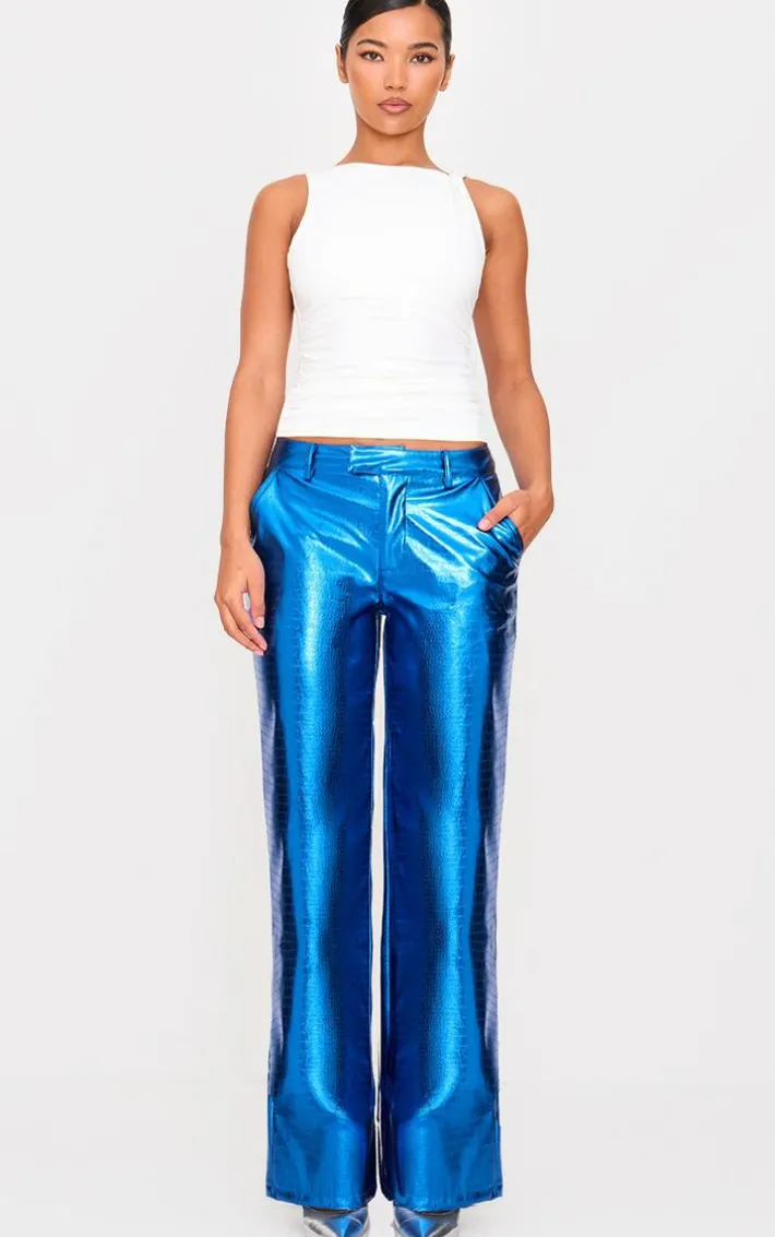 Cobalt Metallic Crocodile Faux Leather Pants