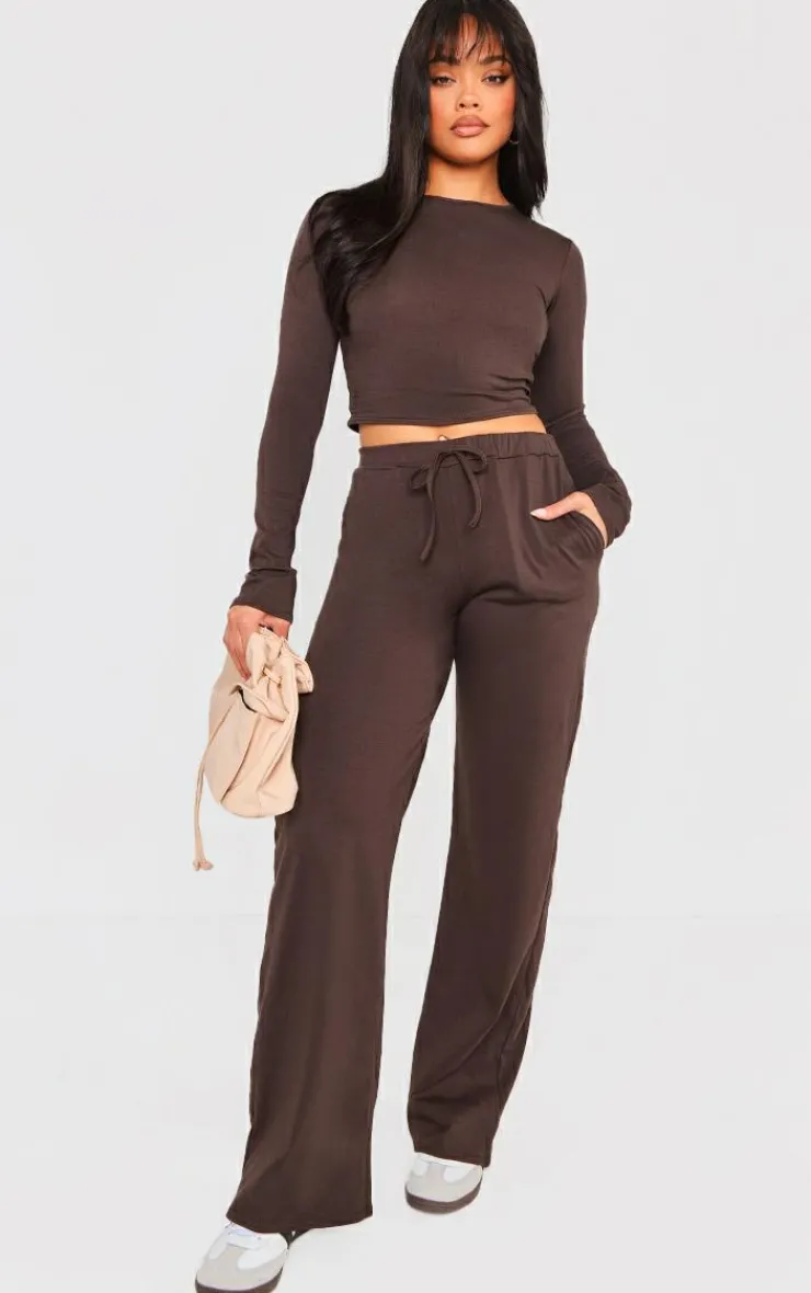 PrettyLittleThing Cotton Jersey Wide Leg Pants Coffee