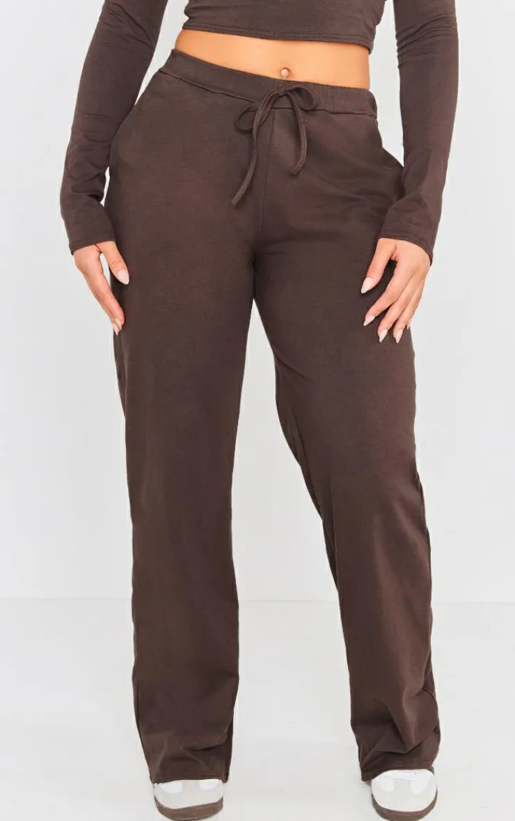 PrettyLittleThing Cotton Jersey Wide Leg Pants Coffee